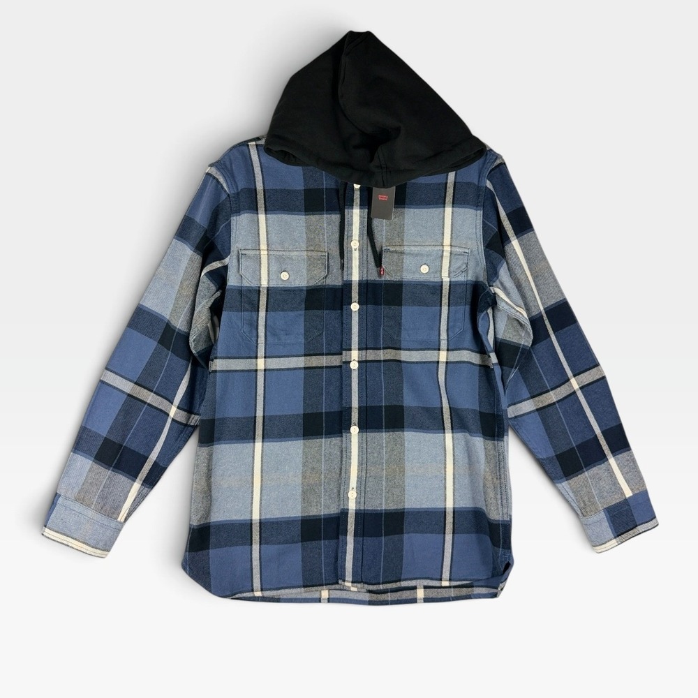 Levi's Hooded Flannel Shirt Relaxed Fit Mens S Blue Plaid Button Up NWT